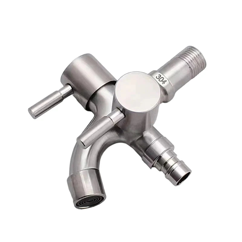 1Pc Multifunctional One Into Two Out Faucet - 304 Stainless Steel Double-outlet, Washing Machine Garden Sink Pool Outdoor Tap