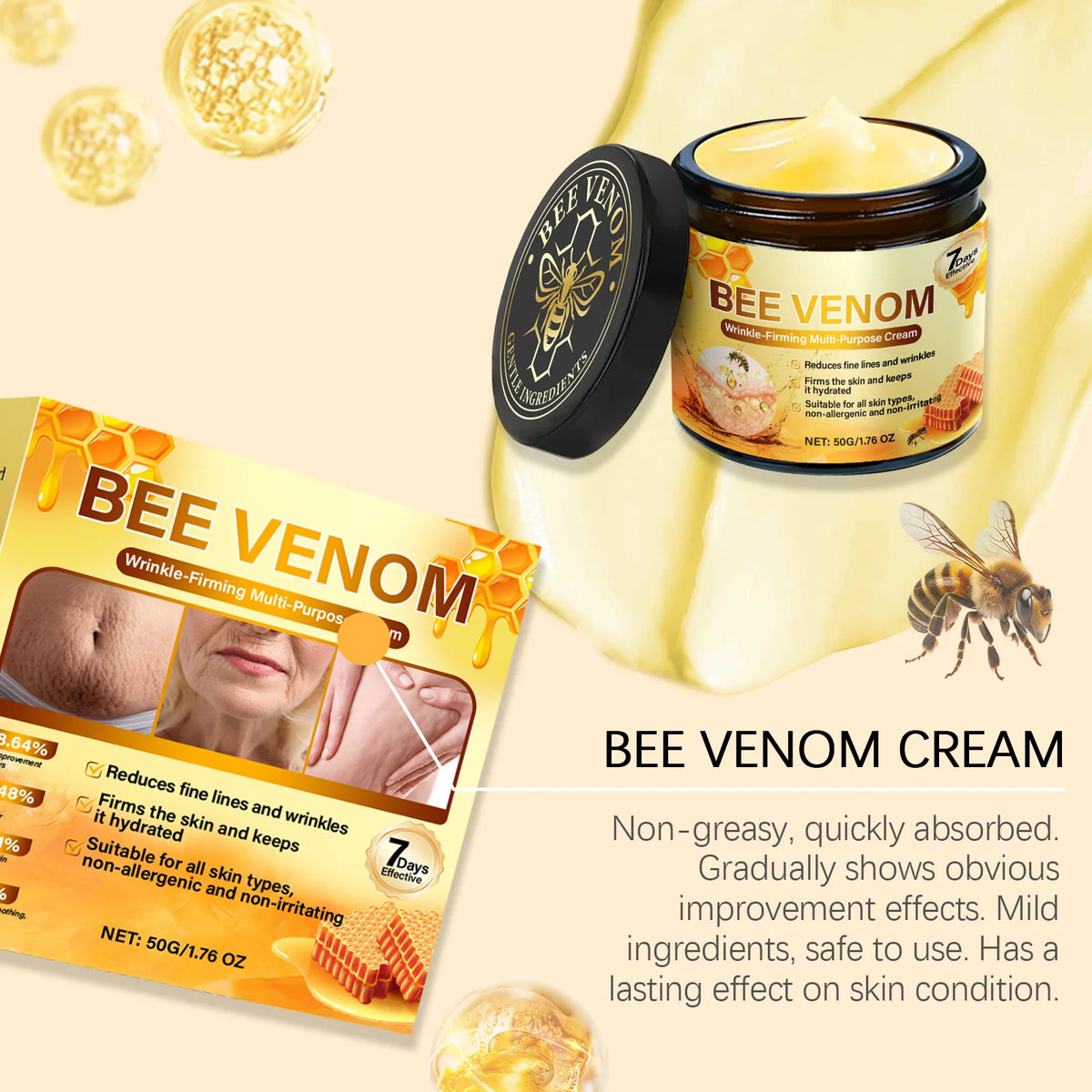 Bee Venom Firming Cream Anti-Wrinkle Lifting Face Moisturizer with Hyaluronic Acid Reduce Fine Lines Multipurpose Bee Venom Crea
