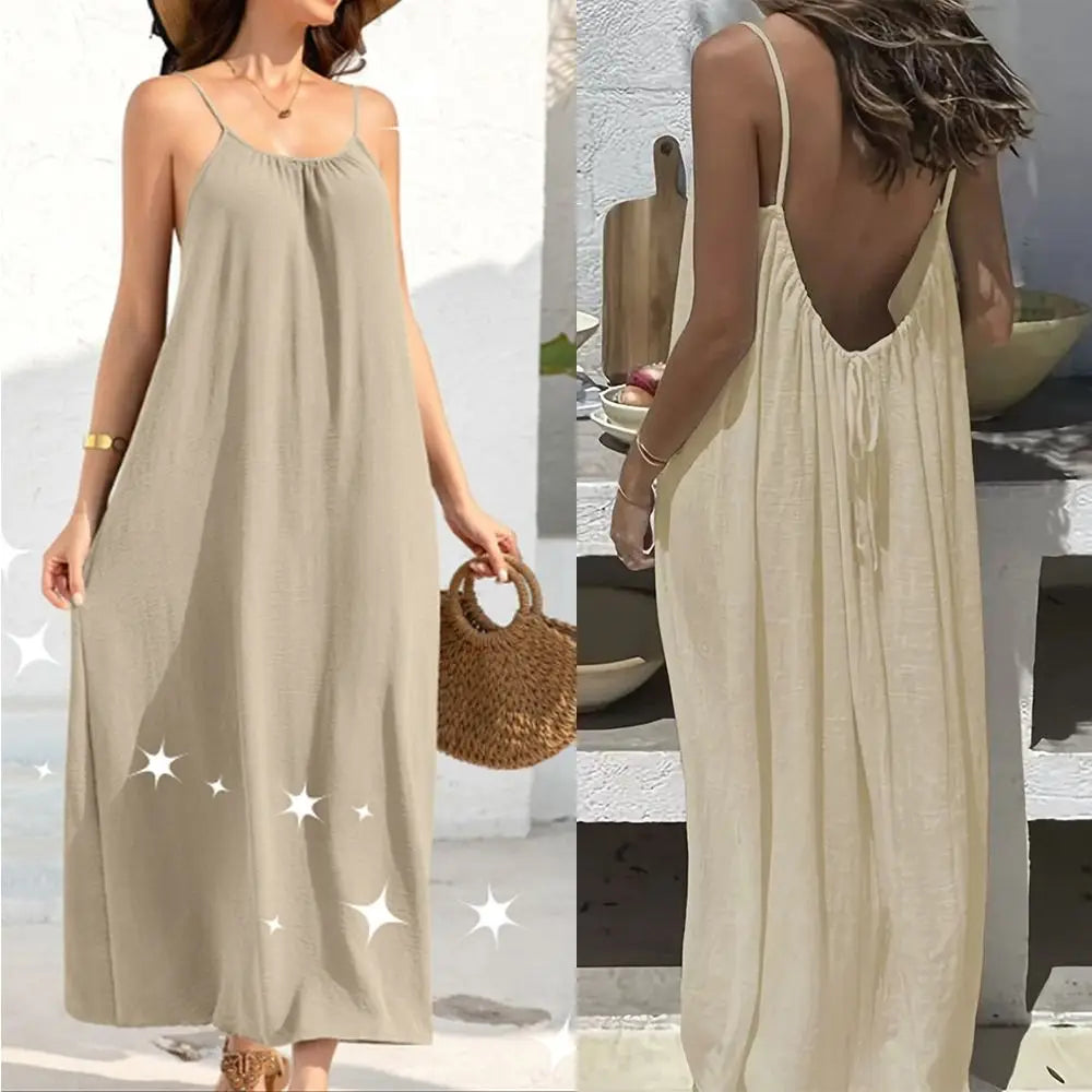 New with Back Tie Backless Cami Dresses Pure Color Soft Backless Sleeveless Comfortable Long Sundress for Women
