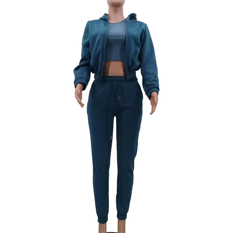 Active Wear 3 Piece Sets Womens Outfits Tracksuit Hooded Jacket Top + Vest + Sweatpants Sporty Suit Fitness Casual Matching Sets