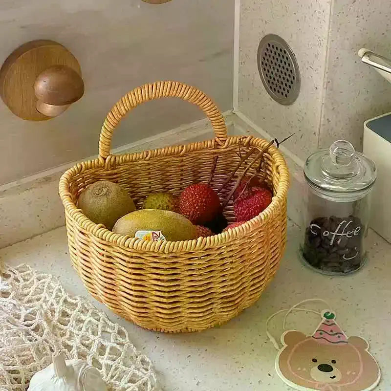 Kitchen Storage Basket With Handle Cute Wall Hanging Woven Basket Kawaii Hanging Storage Basket Kitchen Sundries Organizer