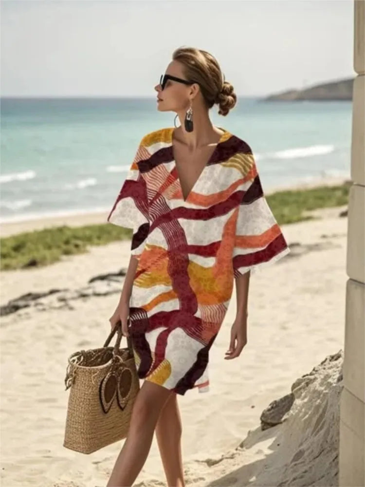 Fashion Retro Printed Short-sleeved Loose Women's Dress New Summer Style Deep V Neck Casual Seaside Vacation Female Dresses 2025