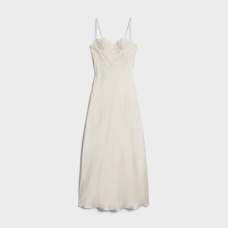 Lace Bust Satin Slip Dress Spaghetti Strap Back Split Elegant Maxi Night Vestido 2026 Summer Banquet Party Women Gentle Grown