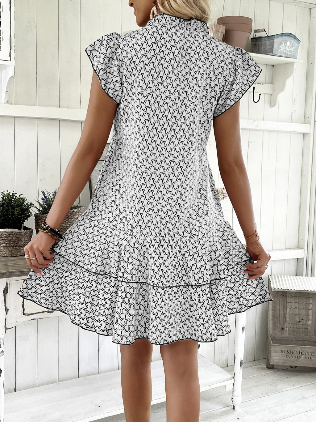 2025 Elegant Women's Casual Loose Ruffle Mini Dress Bohemian Printed V-neck Lace-up Small Flying Sleeve Dresses For Women S-3XL