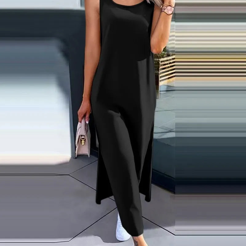 Summer Casual Temperament Fashionable Slim Fit Solid Color Round Neck A-line Skirt Lace Lace Lace Back Sleeveless Slit Dress