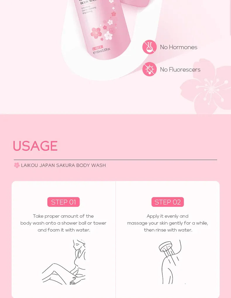 LAIKOU Japan Sakura Body Wash Long Lasting Fragrance Gentle Foaming Moisturizing Smooth Skin Shower Gel 100ml