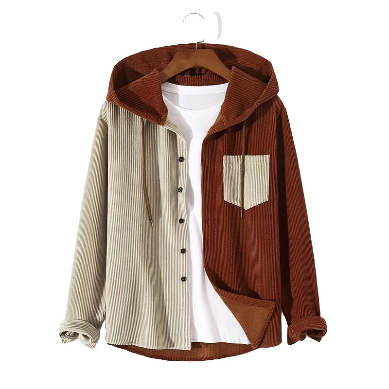 Autumn Men Patchwork Hooded Corduroy Shirts Long Sleeve Beige and Brown Fashion Cardigan Tops Retro Hoodies Premium Daily Blouse