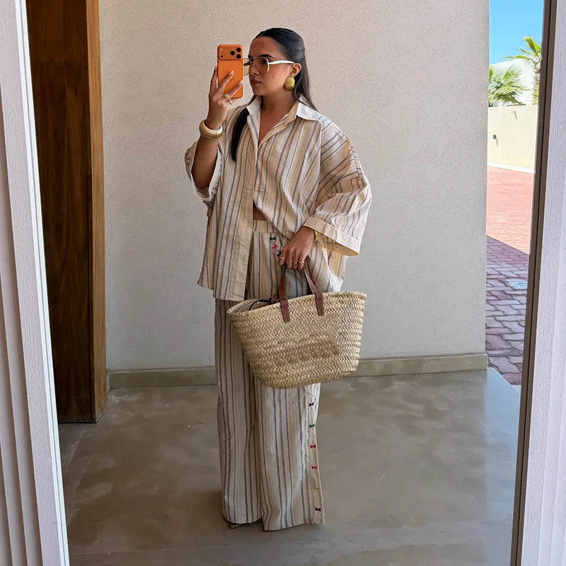 Loose Striped Contrast Wide Leg Pants Set Women Oversized Lapel Single Breasted Shirt Trousers 2026 Summer Lady Casual Outfits
