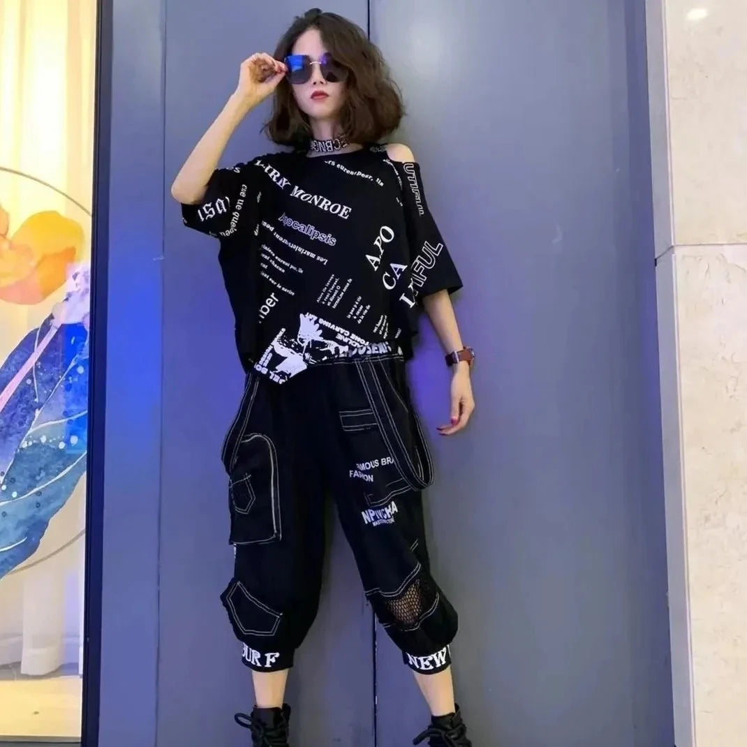 2026 Summer Womens 2 Piece Outfit Set Fashion Off Shoulder Stand Neck Short Sleeve T Shirt Tops+Casual Printed Capris Pants Suit