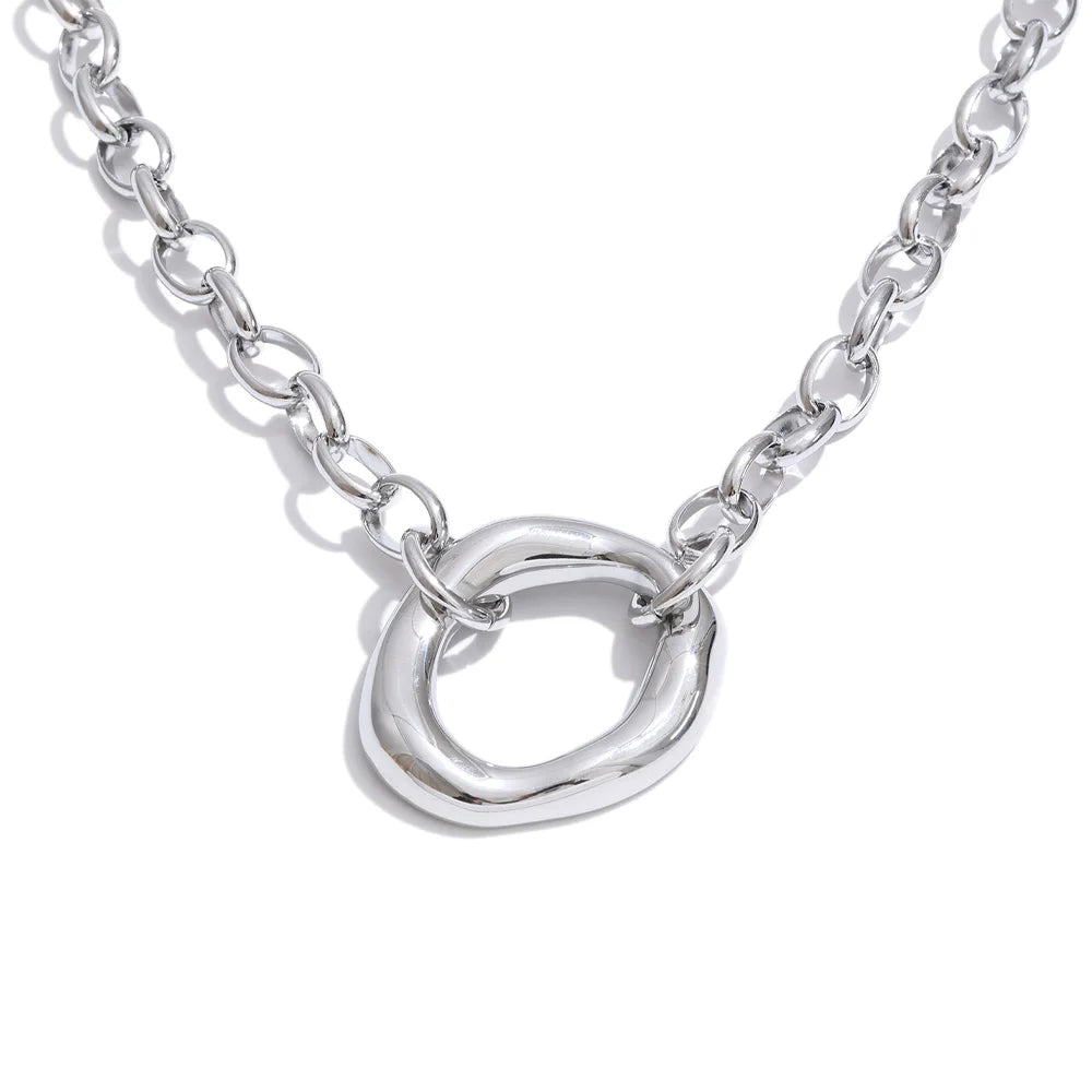 Yhpup Stainless Steel Metal Hollow Round Pendant Statement Necklace 16K Golden Platinum PVD Plated Daily Casual Collar Jewelry