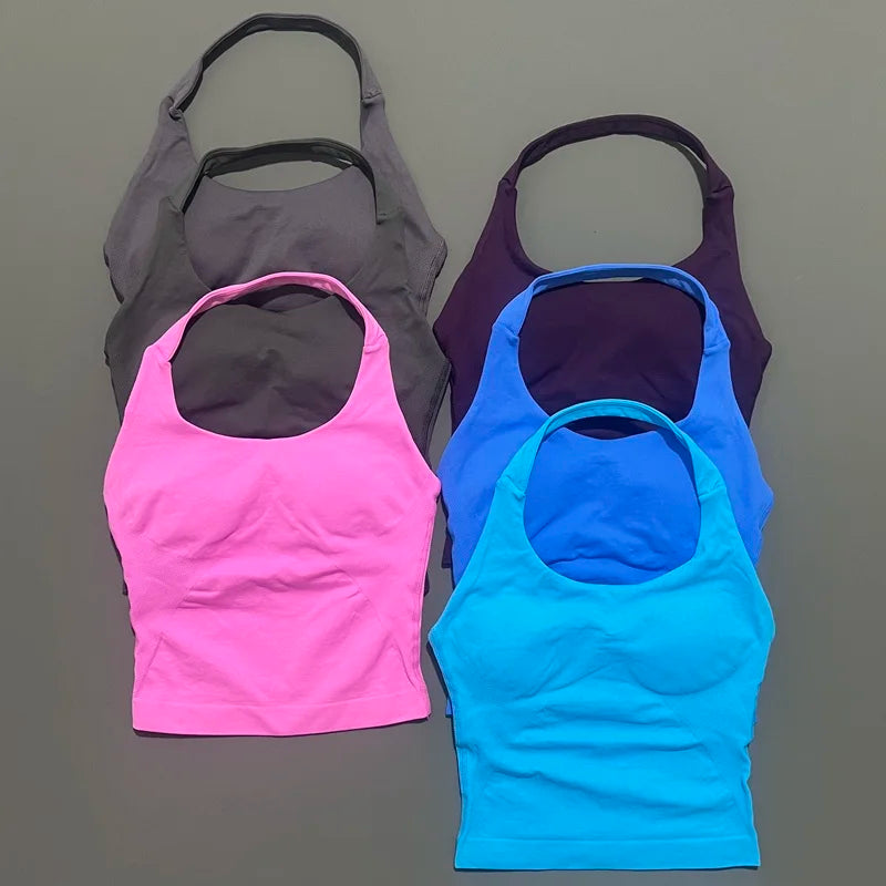HISTELLO Sports Halter Top Seamless Longline Strappy Gym Tank Top Women Yoga Clothing Workout Fitness Sportswear Pilates Vest