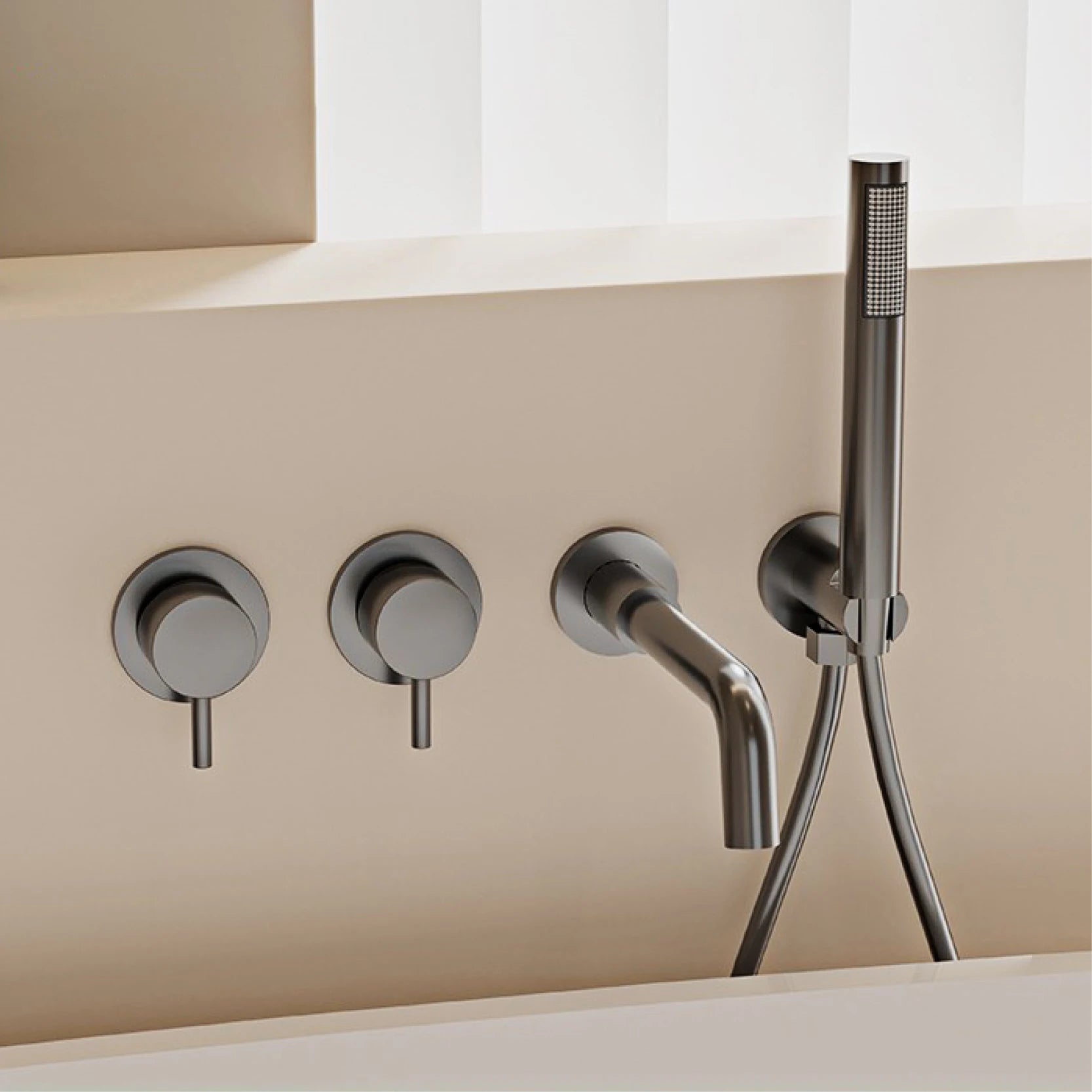 Bathroom Minimalist Gun Gray Brass Wall Mounted Bathtub Faucet with Dual Handles for Hot & Cold Water Dual Function Shower Mixer