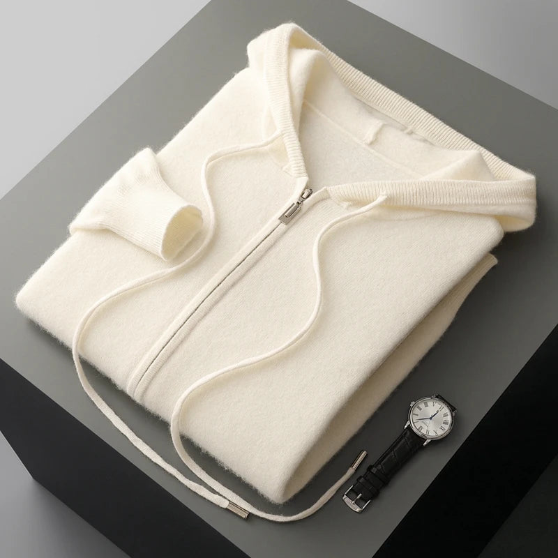 Hot Selling New Style Real Knitted Men's Cardigan Hooded Sweater Loose Full Sleeves Autumn and Winter Men's Pure Wool Sweater