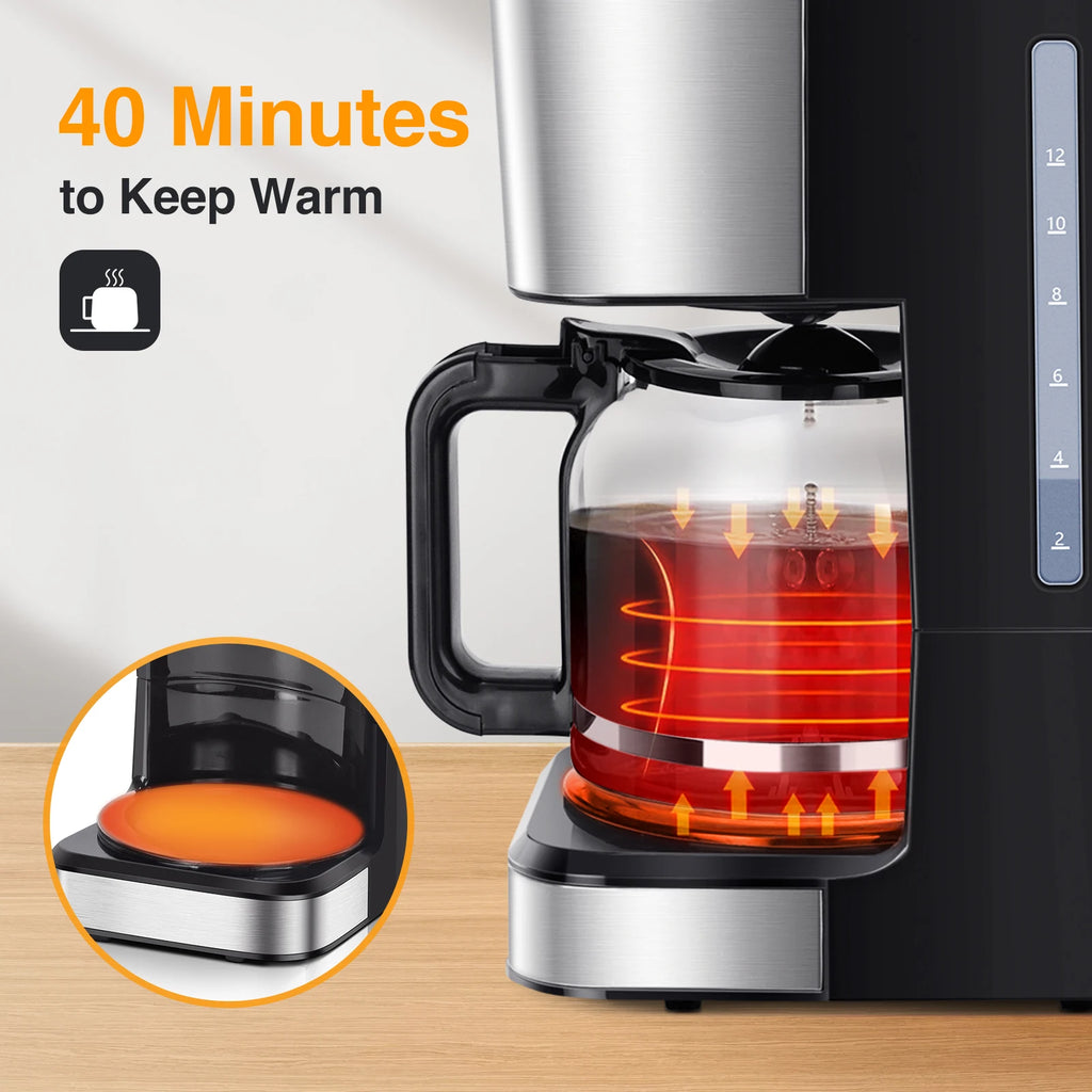 Electric Drip Coffee Maker, with Reusable Filter, Lcd Screen, 24-Hour Programmable, Self-Cleaning, 12-Cup Capacity, 950W