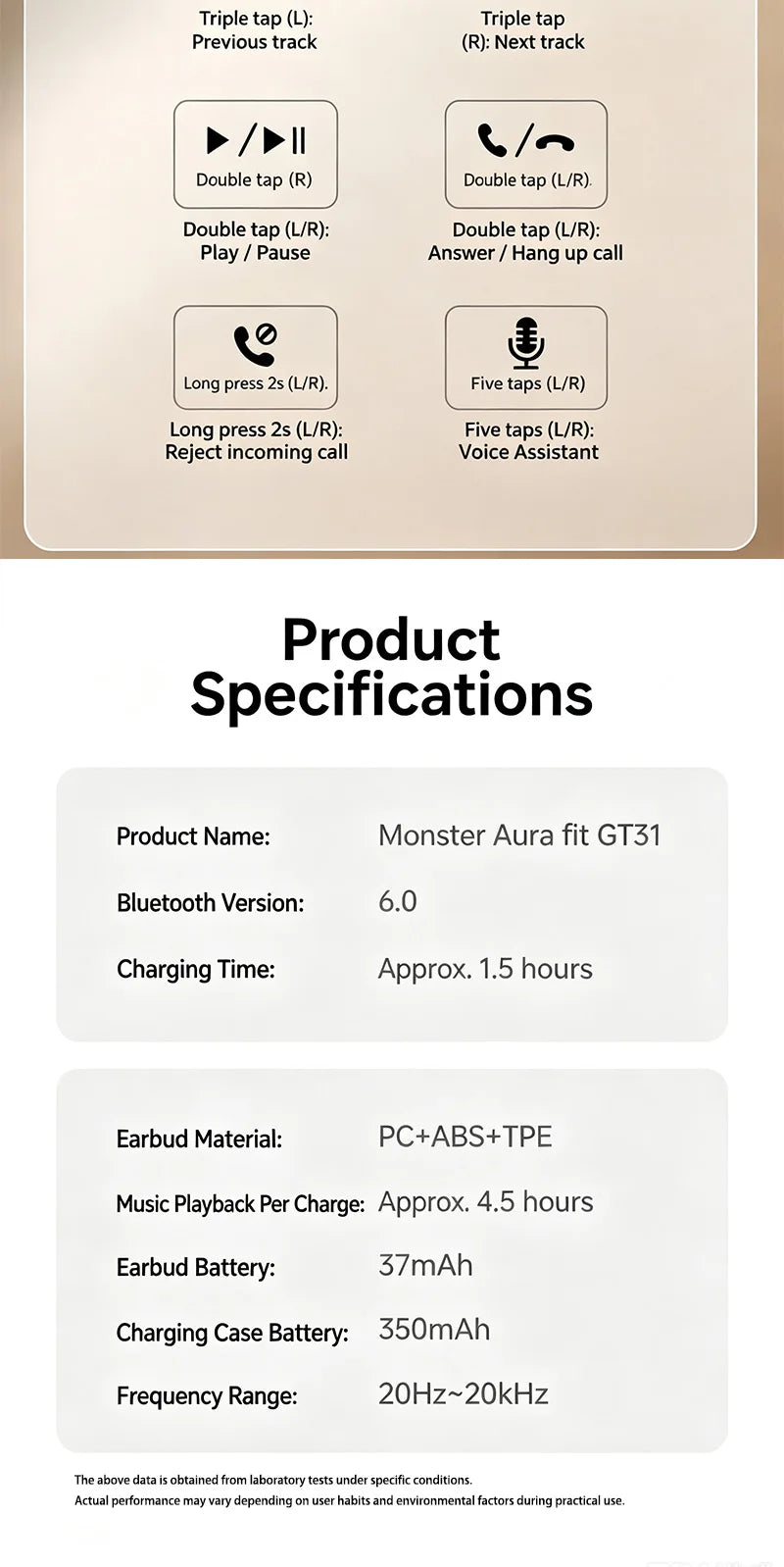 MONSTER GT31 Bluetooth Earphones Wireless Zero-Pressure Earbuds Noise Cancelling Sleep Aid Headphone HiFi Stereo Sound