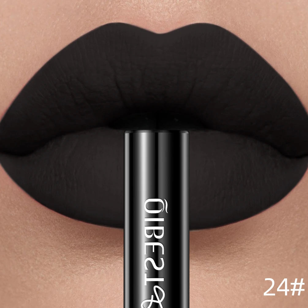QIBEST Sexy Red Lip Gloss Long Lasting Velvet Matte Liquid Lipstick Waterproof Lip Makeup Nonstick Cup Purple Lip Tint Black
