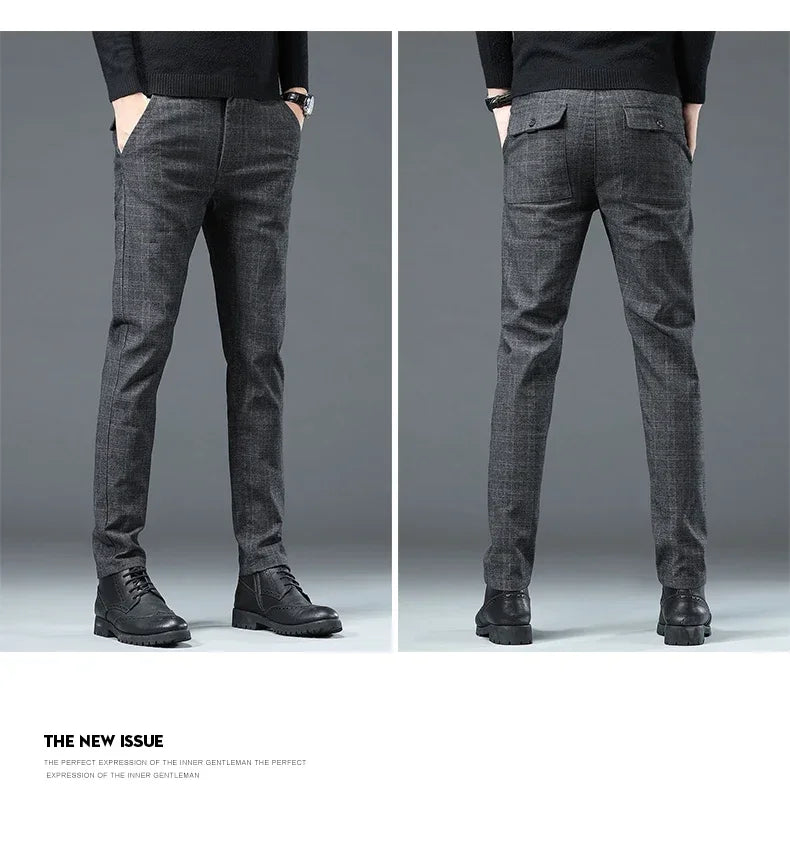Business Men Pants Spring Autumn Korea Cotton Comfortable Elastic Plaid Casual Fashion Trousers Male Clothing Suit Pant