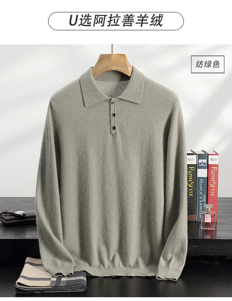 Autumn/Winter Men's 100% Cashmere Pullover Business Casual Solid Knitted Sweater Loose POLO Collar Tops Basic Thick Warm Jumper