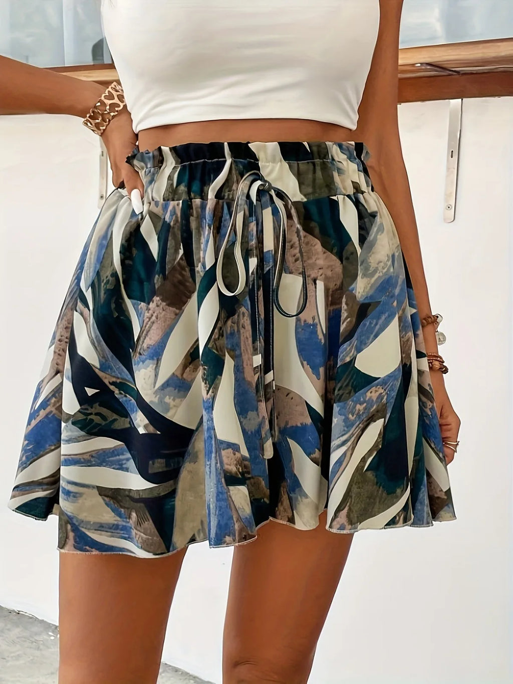 Women's Bohemian shorts high waist drawstring loose shorts lightweight comfortable beach shorts print wide leg short pants