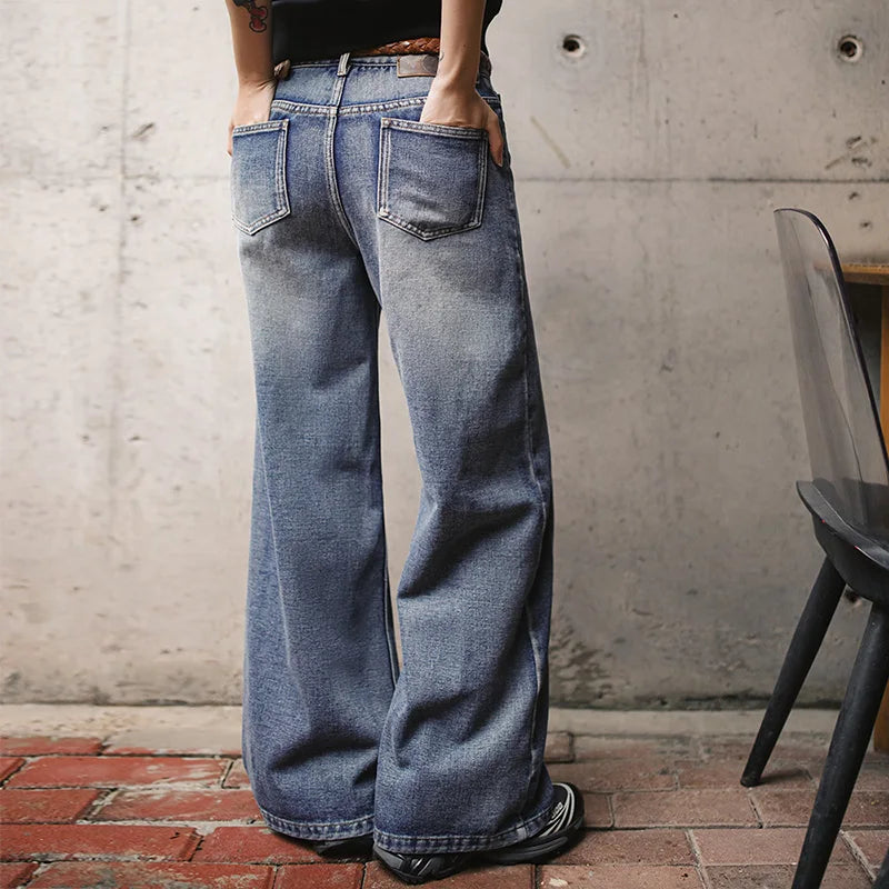 Maden Women's Vintage Low Waist Denim Jeans Heavyweight Washed Casual Long Pants with YKK Zipper for Spring and Autumn