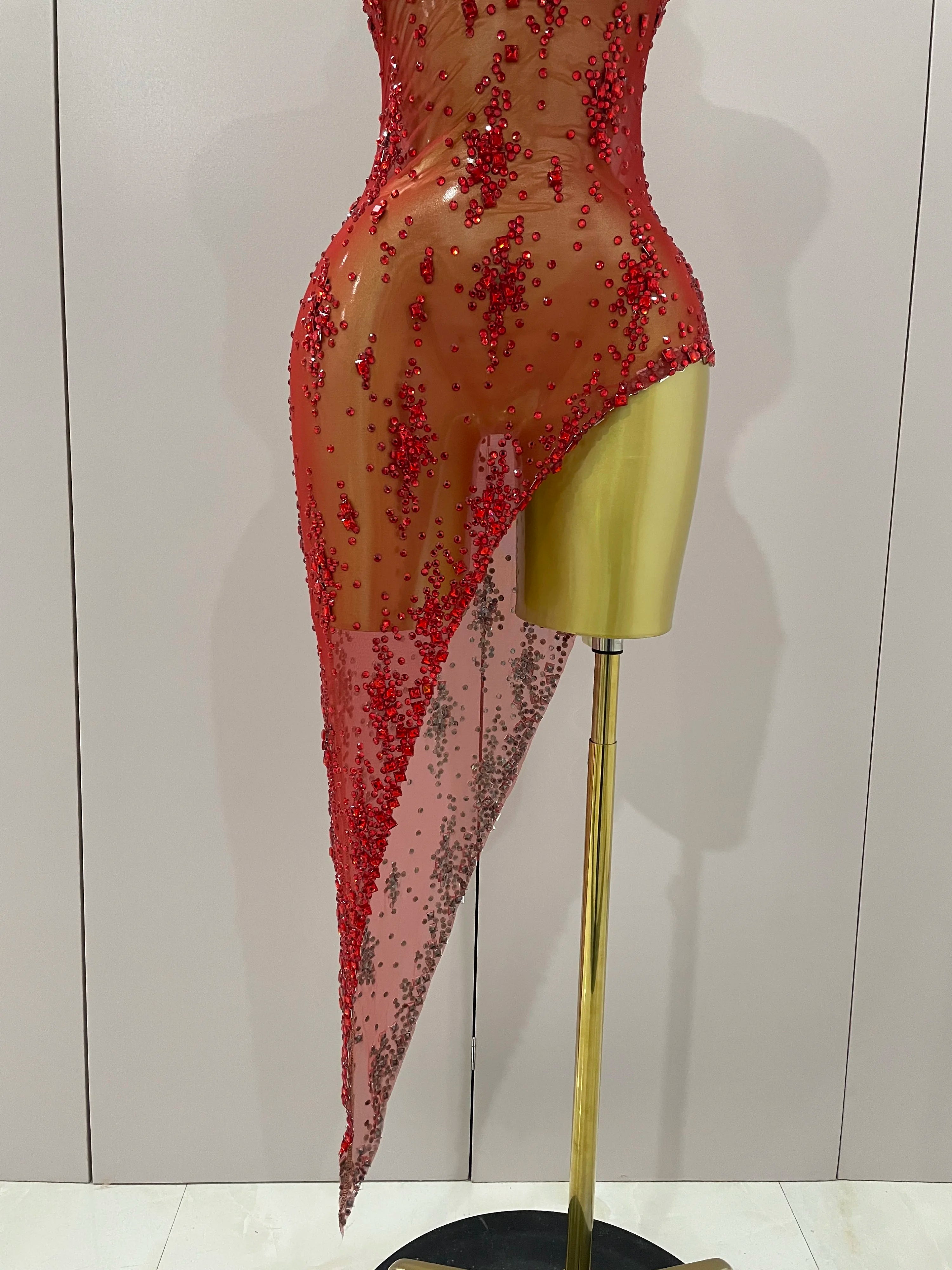 2025 New Sparkly Rhinestone V Neck Stretch Mesh Sexy See Through Dress Women Elegant Party Celebrate Perform Costume Stage Outfi