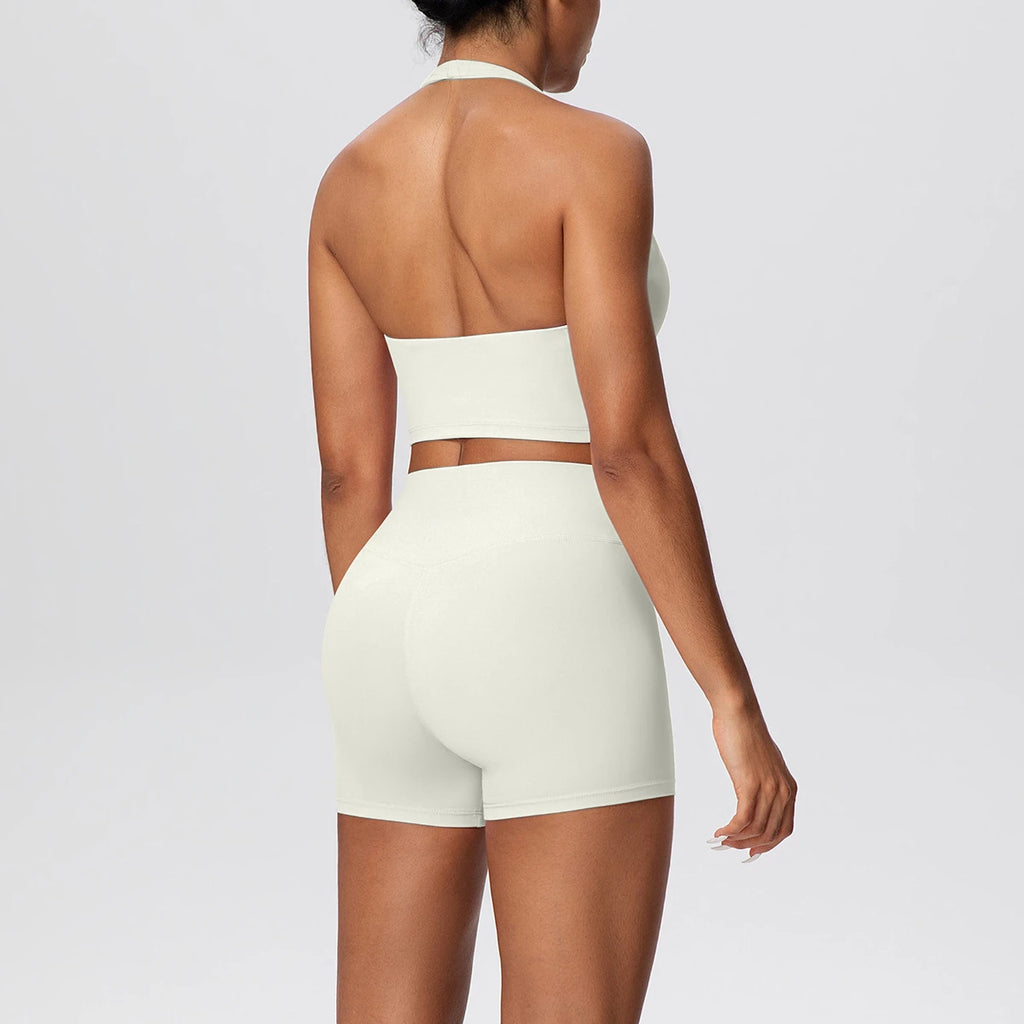 New solid-color double-sided brushed tight-fitting neckless short pants yoga set for exercise, running and fitness two-piece set