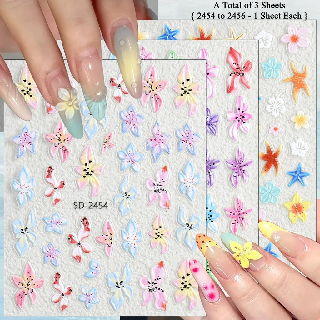3 to 120 Sheets Tropical Flower Nail Stickers Hibiscus Butterfly Starfish Nail Decals 5D Embossed Self Adhesive Summer Nail Art