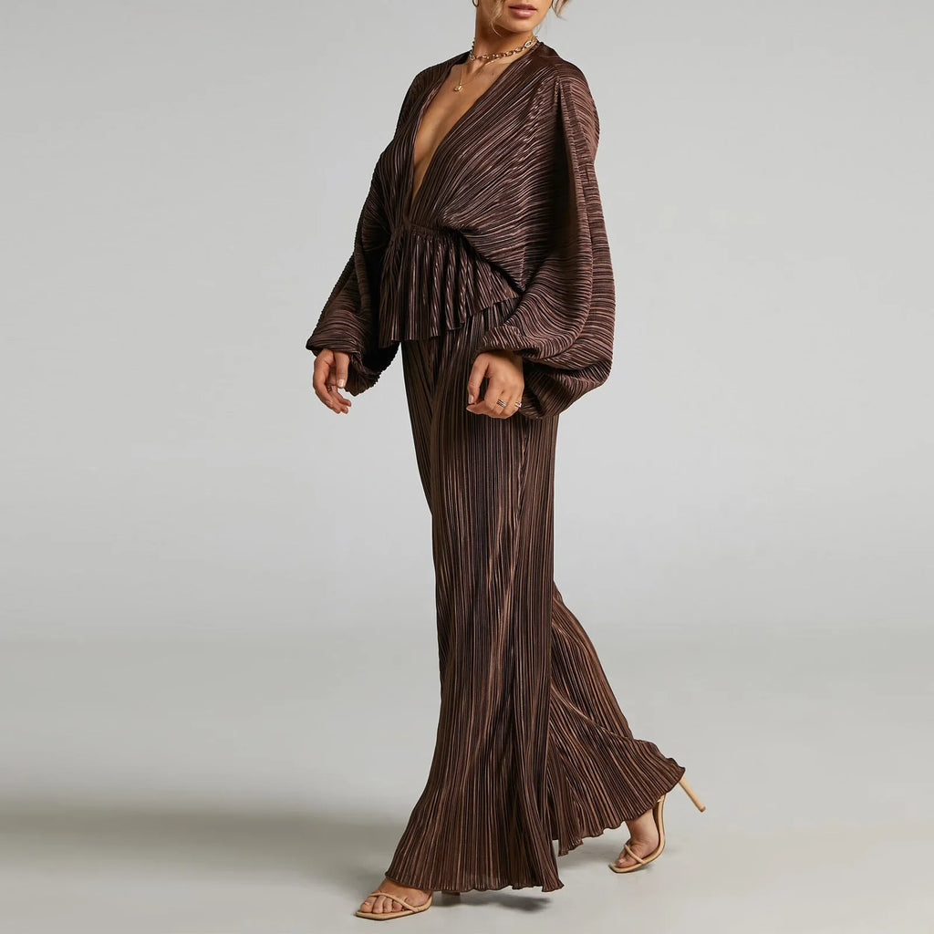 Women's Two Piece Set Deep V Neck Pleated Tops with Wide Leg Pants Stretchy Sexy Casual Outfit