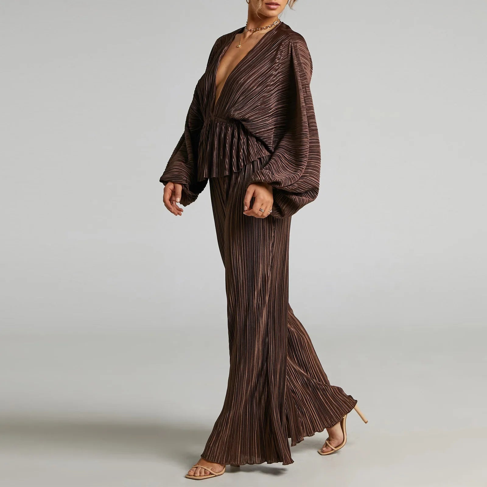 Women's Two Piece Set Deep V Neck Pleated Tops with Wide Leg Pants Stretchy Sexy Casual Outfit