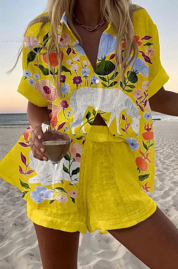 Women Summer Fashion Shorts Sets Retro Print Sleeve Shirt Shorts Suit New Casual Loose Female Beach Vacation Shorts 2 Piece Set