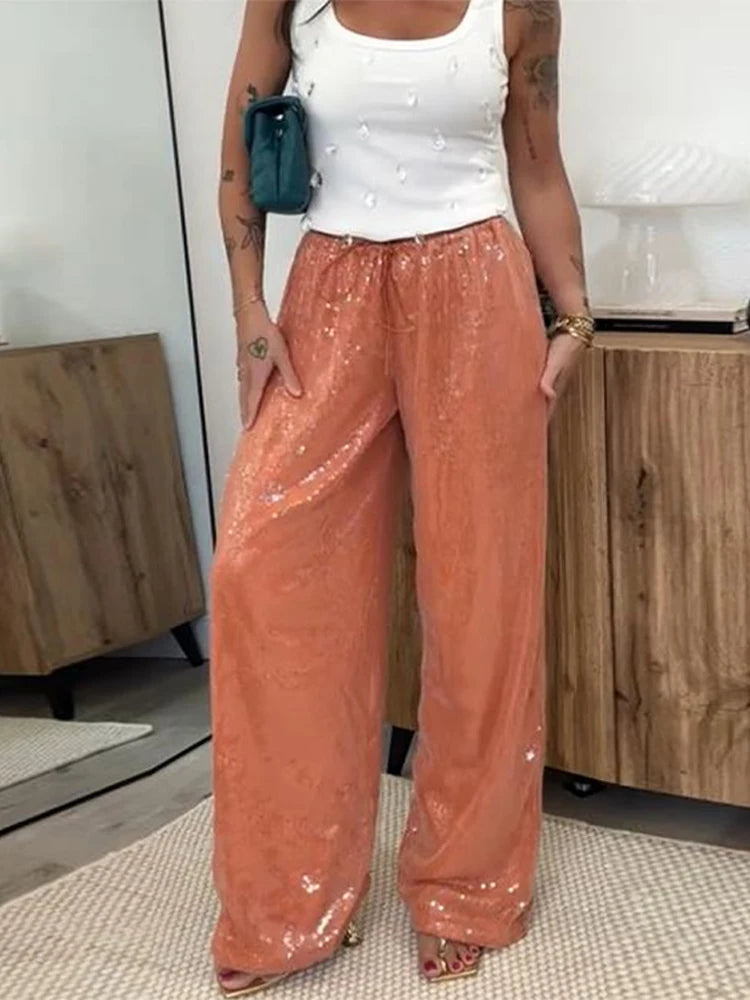 Street Sequin Loose Lace Up Pants Women Elastic Waist Wide Leg Trousers Female 2026 Spring Summer Lady Shiny Party Club Clothes