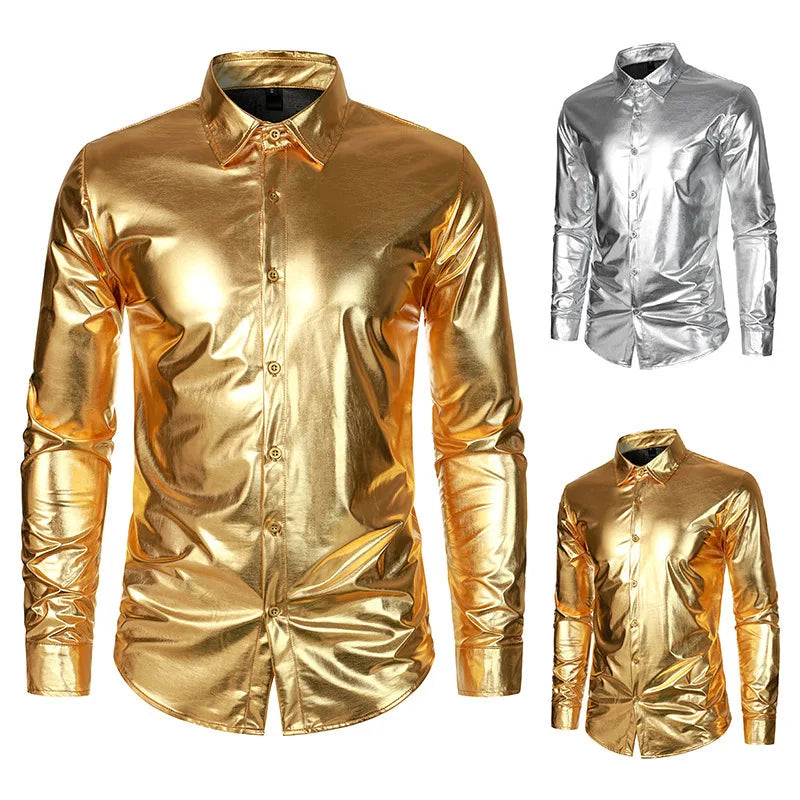 Men's Retro Gold Glossy Shirt American Casual Fashion Performance Shirts Solid Color Gorgeous Nightclub Male Shiny Tops
