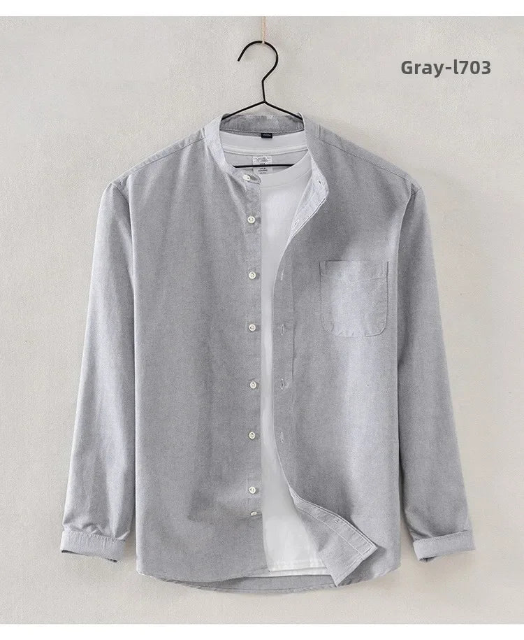 2027 Cotton Stand-up Neck Oxford Spinning Anti-wrinkle Casual  Spring  Autumn New Men's Shirt Jackets  Long Sleeve Shirt Men's