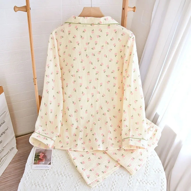 2023 Winter Women's Long Sleeved Pants Pajamas 100% Cotton Tulip Printing Home Service Set Simple Comfortable Pajamas Set