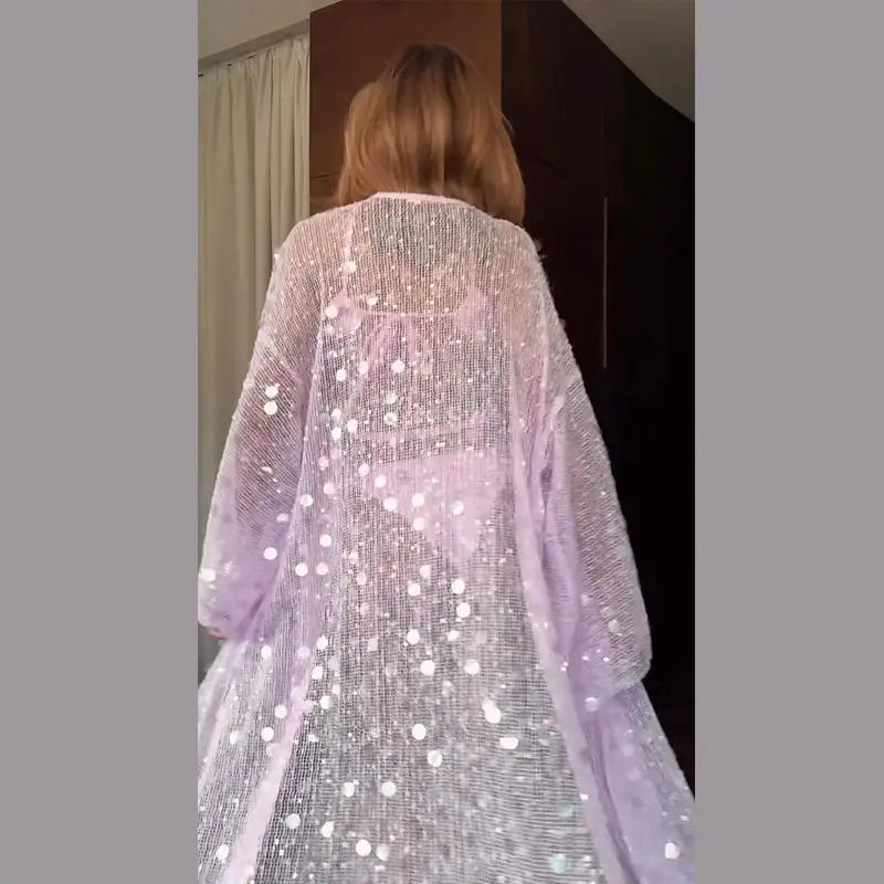 Sexy Sequined Women's Cardigan Dress Mesh Long Sleeve Loose Lace Up Ankle-Length Dresses 2026 Summer Chic Female Vacation Robe