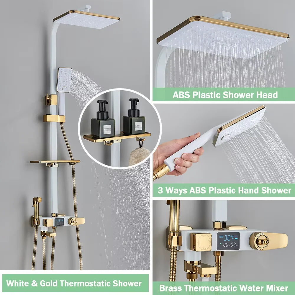 Chrome/Black Thermostat Shower Set Faucet 4 Ways Bathroom Faucet Rainfall Mixer Tap Digital Display Shower Set System Bathroom