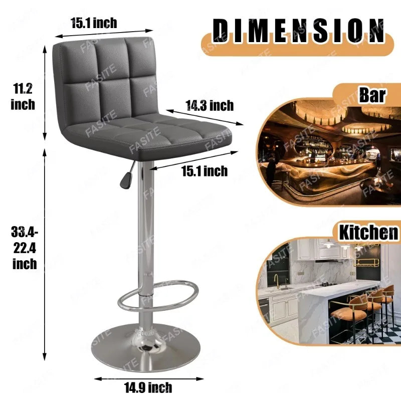 Nordic Modern Square PU Leather Swivel Adjustable Bar Stool, Set Of 2, Bar Stool For Kitchen Counter,Gray
