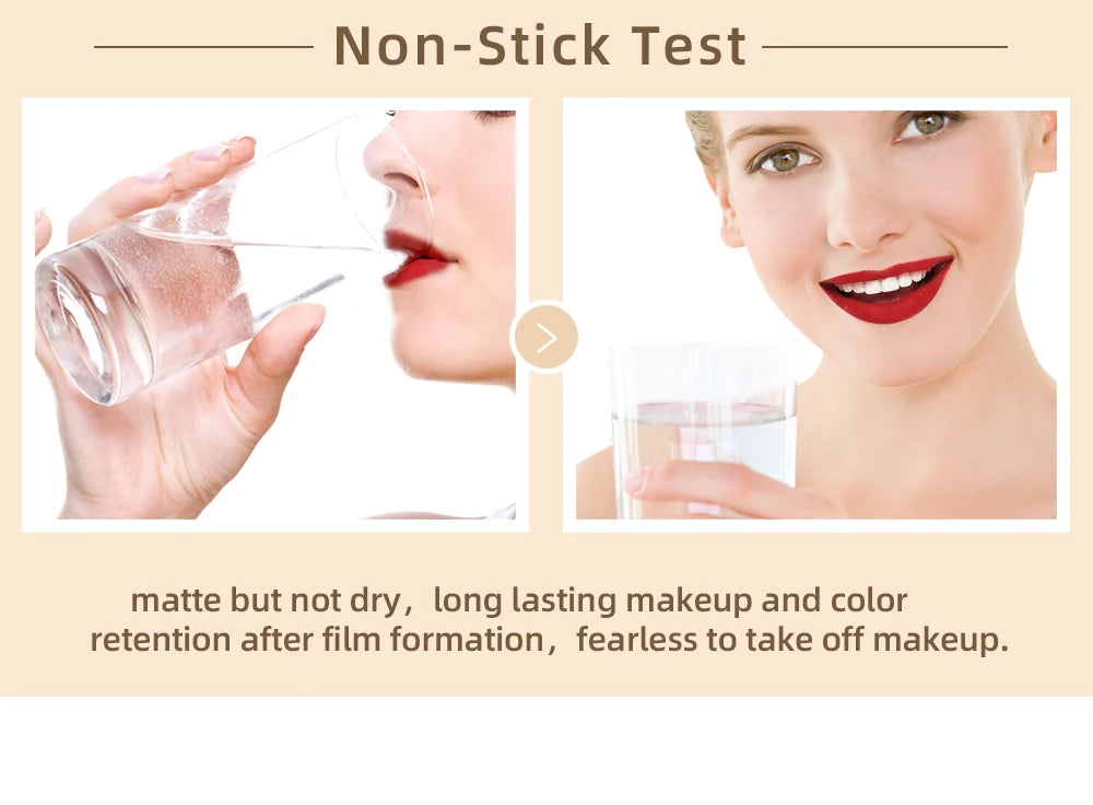 QIBEST Sexy Red Lip Gloss Long Lasting Velvet Matte Liquid Lipstick Waterproof Lip Makeup Nonstick Cup Purple Lip Tint Black