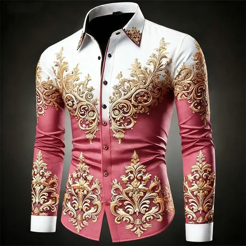 New 12 Color Men's Gold Exquisite Pattern Long-Sleeved Button Retro Floral 3D Printed Hawaiian Shirt Fashionable Shirt