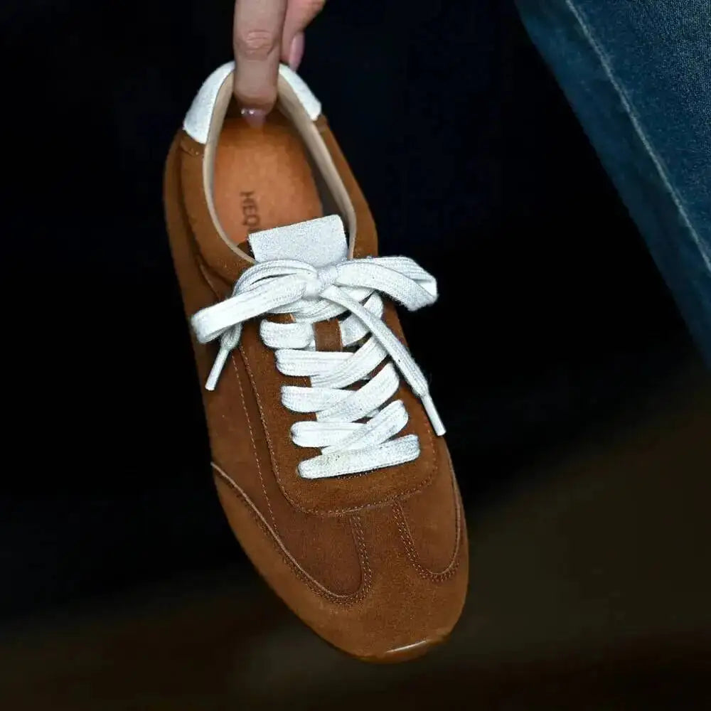 Genuine Leather Brown Suede Flat Loafers Shoes Woman Lace Up Leisure Wome Shoes Autumn Casual Comfort Vacation Lovers Shoes