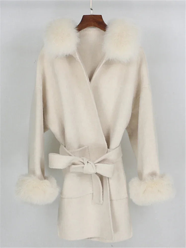 Real Fur Wool Outerwear Wool Blends Coat Natural Fox Fur Collar Hooded Cashmere Winter Jacket for Women Streetwear High Street