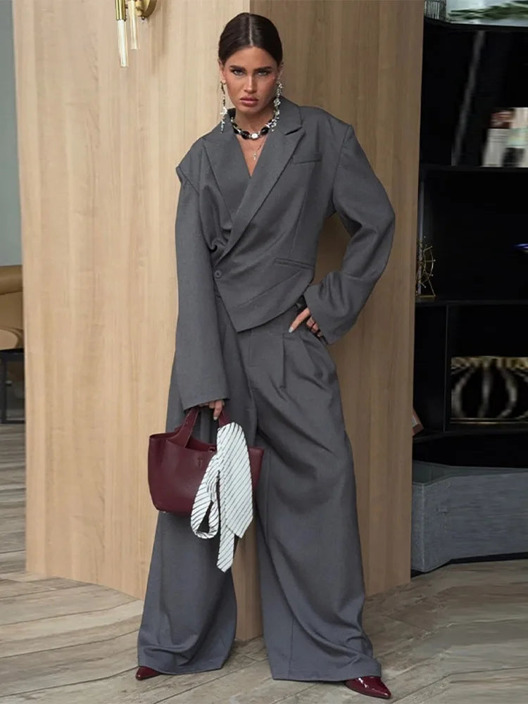 Solid Women Officewear Lapel Pockets Long Sleeve One Button Cinched Waist And Wide Leg Pant Fashion Lady Streetwear Commute 2026