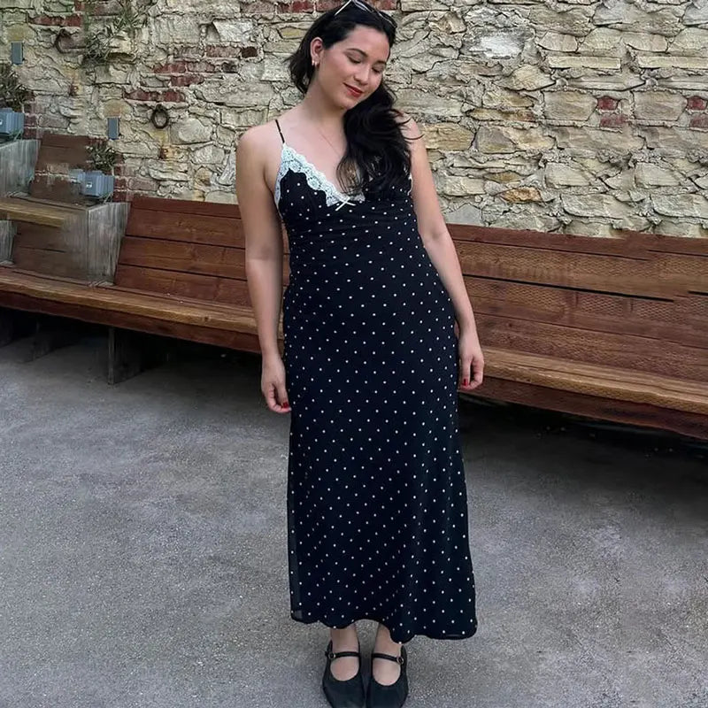 Lace V-Neck Patchwork Maxi Dress Women Backless High Waist Slim Spaghetti Contrast Party Dress Female Spring Long Dress Hot Sale
