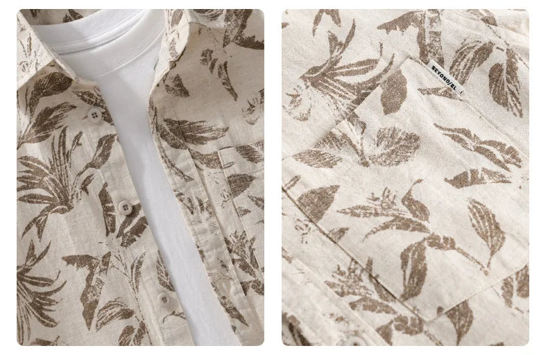 Summer New Printed Breathable Linen Cotton Short Sleeve Shirt for Men Clothing Casual Turn-down Collar Summer Shirt FY736