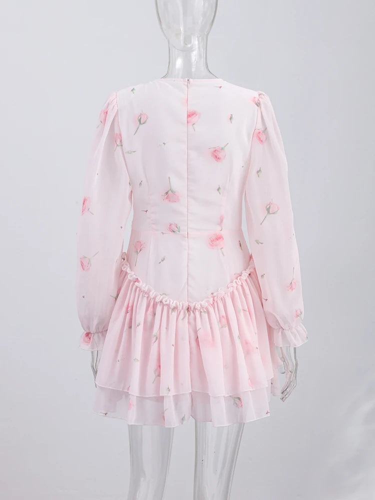 Women Rose Print Dress Puff Long Sleeve Mini Dress Sheer Mesh Ruffle Hem Button Front Fairy Party Short Dresses Summer Wear