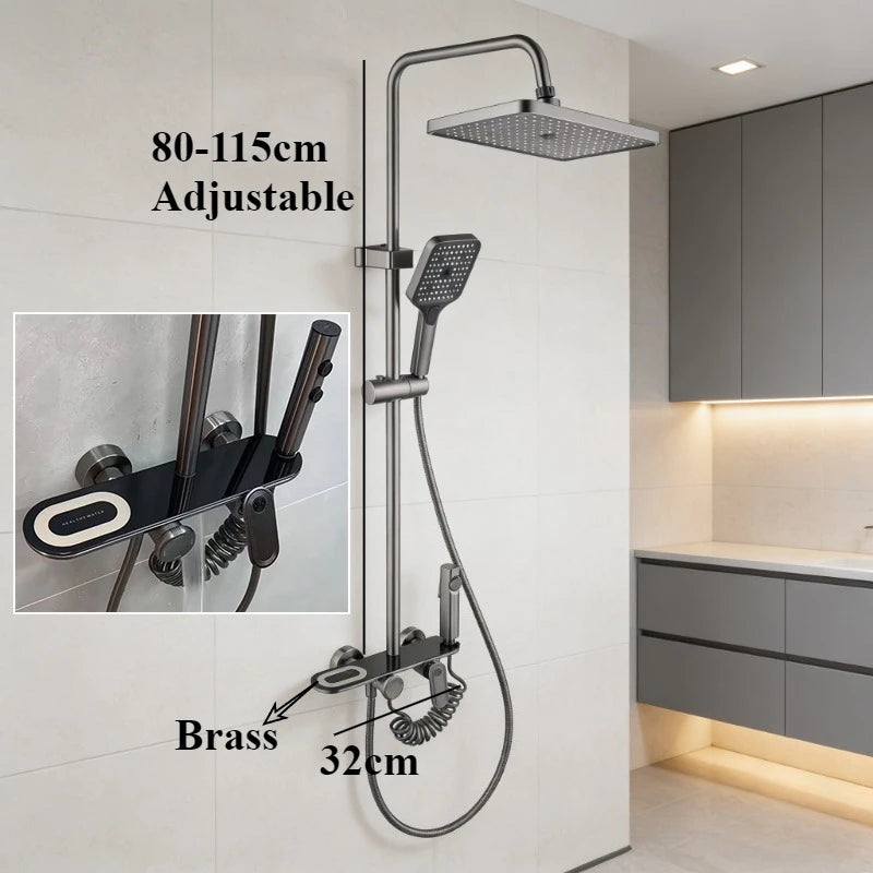 Four Ways Water Outlet Brass Bathroom Shower Set Hot Cold Bathroom Shower Faucet Full Set Grey/Chrome Rainlfall Shower System