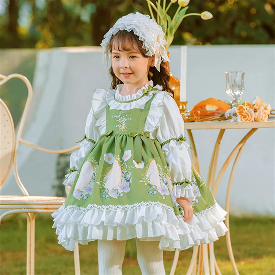 Kids Spring Autumn Lolita Dress Princess Long Sleeves Fancy Luxury Cute Costume Girls Floral Lace Vestido Toddler Birthday Gift