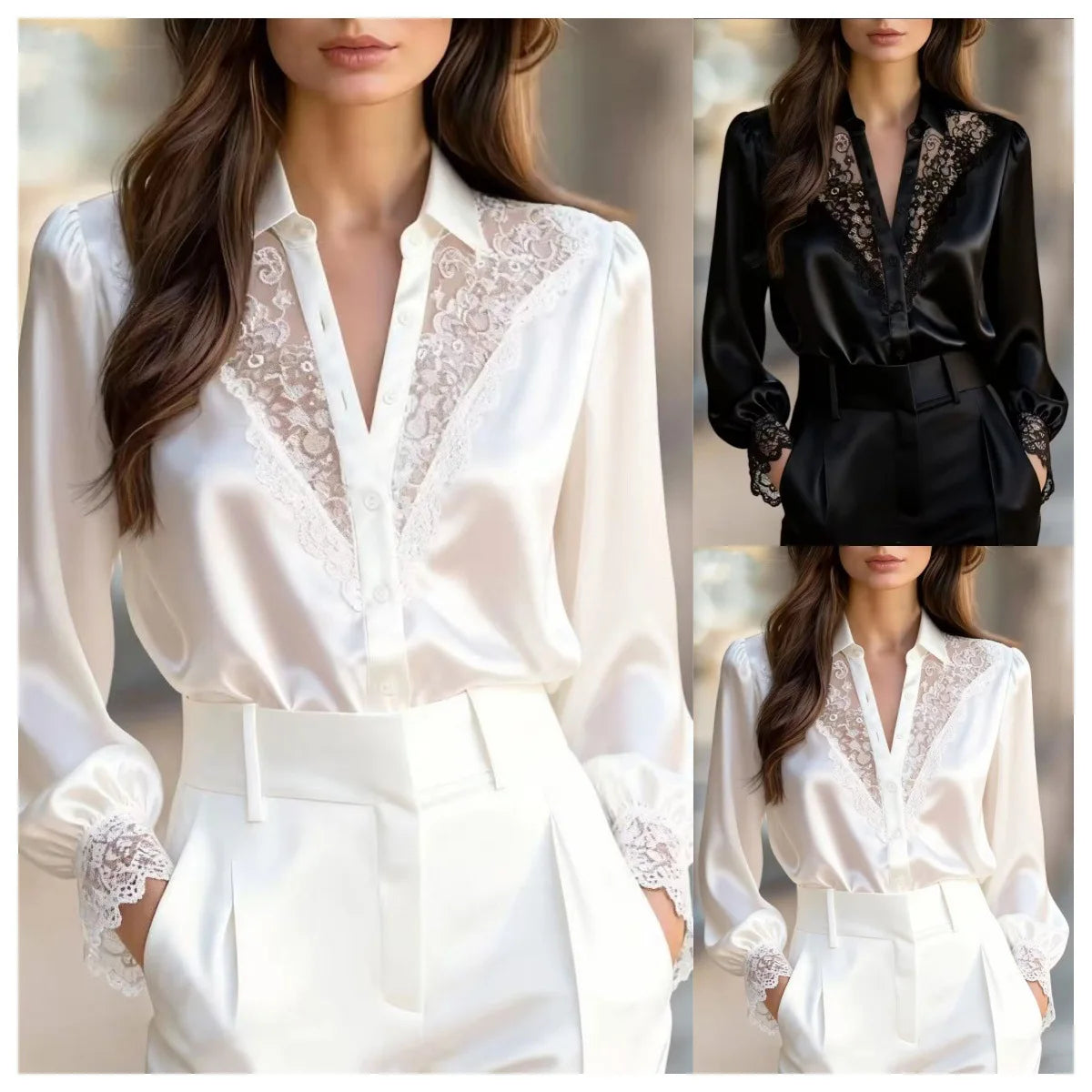 French Retro Lace Blouse Women Fashion Silk-like Satin Turn-down Collar Button Up High Street Evening Party Elegant Tops