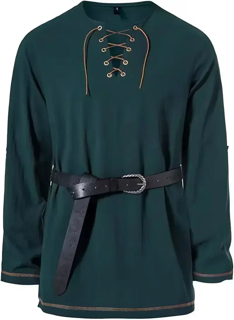 Men Medieval Lace Up Linen Long Sleeve Tunic Viking Pirate Renaissance Cosplay Shirt With Vintage Embossed Leather Belt