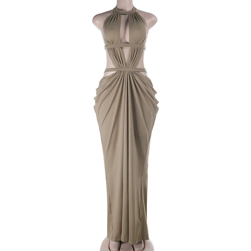 Halter Cut-Out Draped Super-Cut Back Bare Elegant Party Maxi Dress Waistless Backless Sleeveless Khaki Evening Prom Long Dress